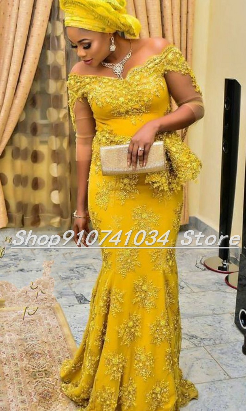 Owambe-레이스 아플리케가 있는 파티 스타일 노란색 이브닝 드레스, 2021 결혼식을 위한 인어 무도회 가운, 게스트 웨어, 포름길이